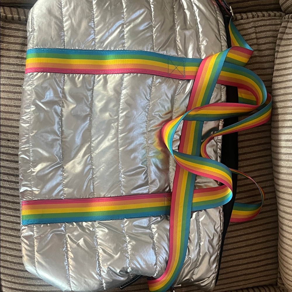 Top Trenz large silver duffle bag with long carrying strap